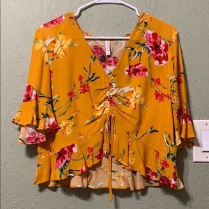 Mustard Floral Dressy Crop Top Blouse